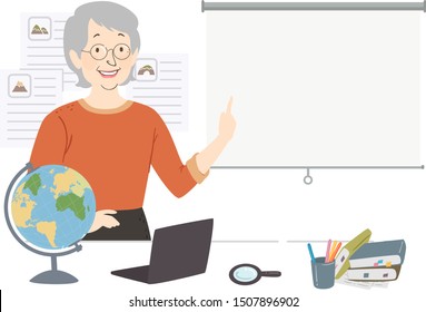 Illustration of a Senior Woman Teaching Geography with Globe, Laptop, Books and Projection Screen