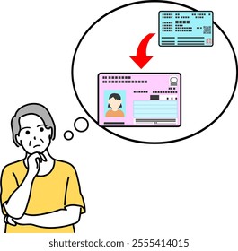 Illustration of a senior woman thinking about changing her health insurance card's My Number card