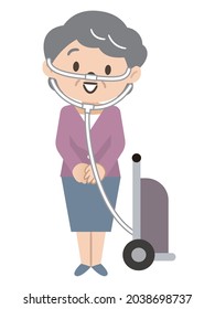 Illustration of a senior woman traveling with a portable oxygen cylinder