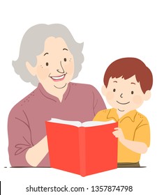 Illustration of a Senior Woman Tutor Reading a Book and Teaching a Kid Boy