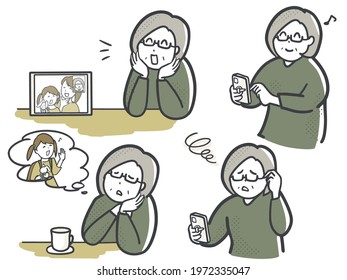 Illustration of a senior woman using an electronic device to communicate.
