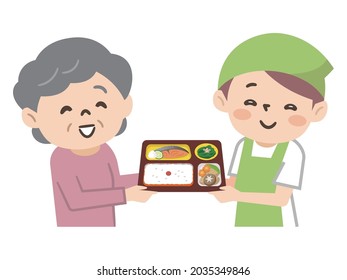 Illustration of a senior woman using a home delivery lunch service