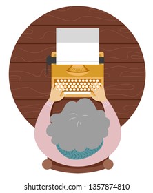 Illustration of a Senior Woman Using a Typewriter and Typing on a Blank Paper