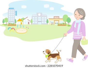 Illustration of senior woman walking dog in park