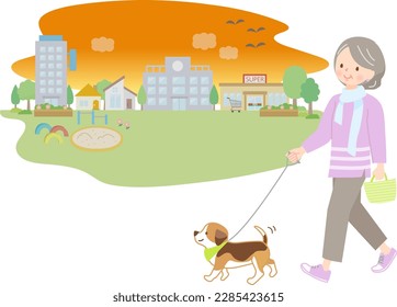Illustration of senior woman walking dog in park in evening