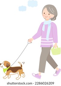 Illustration of senior woman walking dog