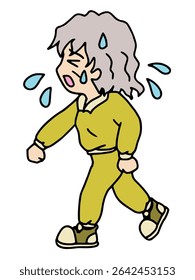 Illustration of a senior woman walking tiredly while sweating