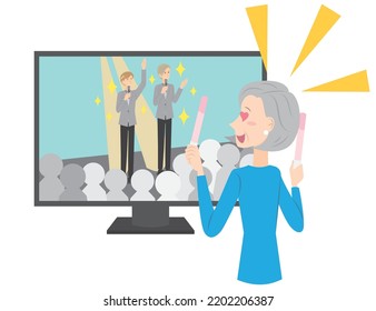 It is an illustration of a senior woman watching a live stream of an idol on her home TV.