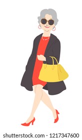 Illustration of a Senior Woman Wearing Fashionable Clothes, Bag and Other Accessories