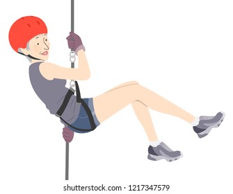 Illustration of a Senior Woman Wearing Helmet and Rope Rappelling