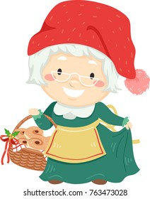 Illustration of a Senior Woman Wearing Mrs Santa Claus Costume Holding a Basket Full of Saffron Buns