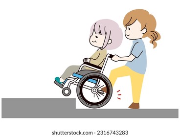 Illustration of a senior woman in a wheelchair and a caregiver assisting her down a step.