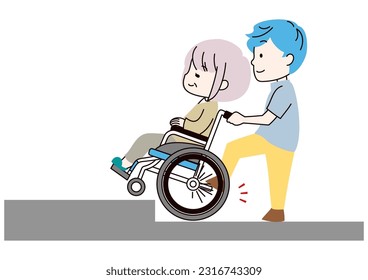 Illustration of a senior woman in a wheelchair and a caregiver assisting her down a step.