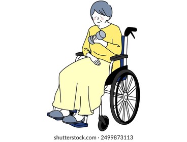 Illustration of a senior woman in a wheelchair doing muscle training with dumbbells