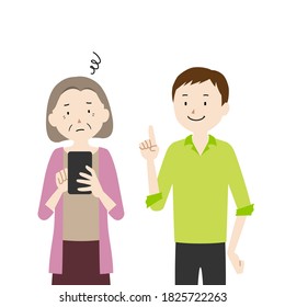 Illustration of a senior woman who asks her son to teach her how to use a smartphone (I don't know how to use it)