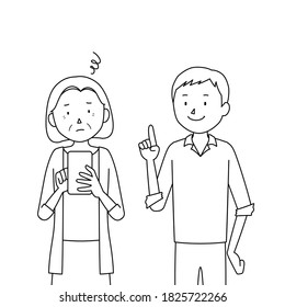 Illustration of a senior woman who asks her son to teach her how to use a smartphone (I don't know how to use it)