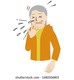 Illustration of a Senior woman who can't stop sneezing.
