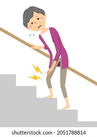 It is an illustration of a senior woman who goes up the stairs and gets knee pain.