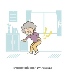 Illustration of a senior woman who injured her back indoors. Vector illustration on white background.