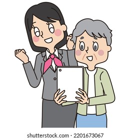 It is an illustration of a senior woman who learns to operate a tablet and a woman who is a shop clerk in uniform who teaches.