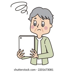 It is an illustration of a senior woman who struggles to operate a tablet.