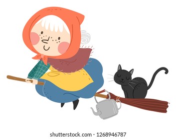 Illustration of a Senior Woman Witch Riding a Broom with a Black Cat and a Kettle