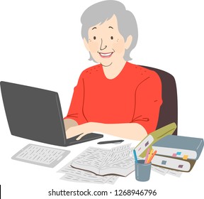 Illustration of a Senior Woman Writer with Open Books Using Laptop