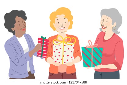 Illustration of Senior Women Exchanging Gifts