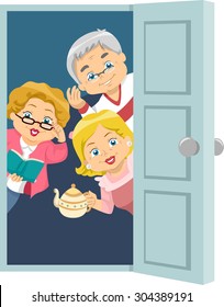 Illustration of Seniors Welcoming Guests to a House Party