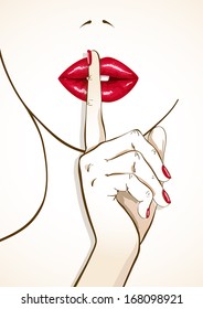 Illustration of sensual red woman lips with finger in shh sign