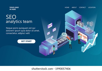 Illustration Of An SEO Analysis Team, A Team Of Three People Working In Each Section, Isometric Vector Illustration Design Concept For Websites, Flyers, Banners, Home Pages, Landing Pages
