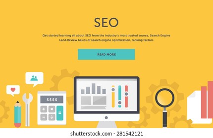 Illustration of seo optimization, analysiselements on stylish colored background with text Read more. For web construction, mobile application, banners, corporate brochures, book covers, layouts etc