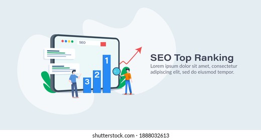 Illustration Of SEO Top Ranking, Website Search Ranking Improvement, Search Analytics Marketing Conceptual Vector Artwork