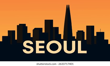 An illustration of Seoul's vibrant skyline during sunset, capturing the silhouette of modern architecture against the colorful sky, highlighting the beauty of this bustling Asian metropolis