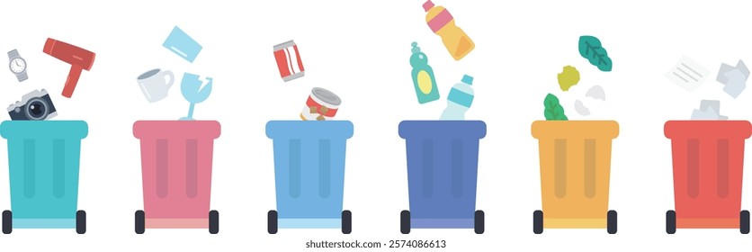 Illustration of separating and disposing of trash in a trash can