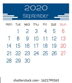 Illustration of September 2020 year calendar on english language in vector. Week starts on Monday, Sunday highlighted. No holidays highlighted and gradients. Desk Calendar 2020 design template