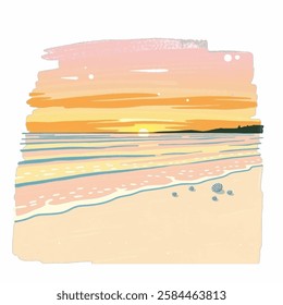 Illustration of a Serene Beach at Sunset with Gentle Waves Perfect for travel posters, relaxation themes, and coastal designs