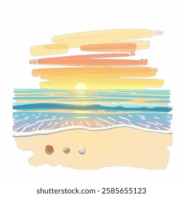 Illustration of a Serene Beach at Sunset with Gentle Waves Perfect for travel posters, relaxation themes, and coastal designs