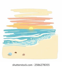 Illustration of a Serene Beach at Sunset with Gentle Waves Perfect for travel posters, relaxation themes, and coastal designs