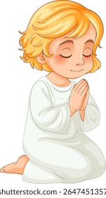 Illustration of a serene child angel kneeling with closed eyes and folded hands, featuring soft colors and gentle lighting