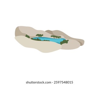 Illustration of a serene desert oasis with a small lake surrounded by greenery.