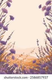 Illustration of a serene landscape with purple flowers and golden wheat fields under a soft sky.