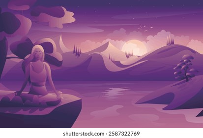 Illustration of a serene landscape with a woman meditating by a body of water, surrounded by mountains and trees under a starry night sky.