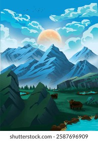 Illustration of a serene mountain landscape at sunrise, featuring a rising sun, grazing animals, and a tranquil river.