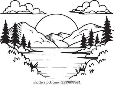 Illustration of a serene mountain scene with a lake, pine trees, and distant hills. Perfect for nature lovers, depicting tranquility and beauty in a simple black and white style.