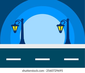 Illustration of serene nighttime setting with dark blue tones, featuring elegant street lamps glowing softly against a gradient background