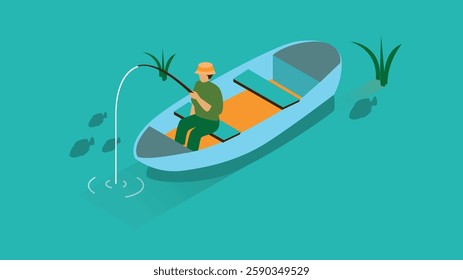 illustration of a serene scene featuring a small boat on a tranquil lake, with a fisherman casting a line into the water, surrounded by lush greenery and calm reflections