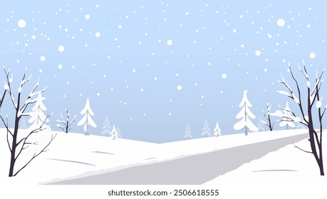 Illustration einer ruhigen Winterlandschaft mit schneebedeckten Bäumen, nackten Ästen und fallenden Schneeflocken