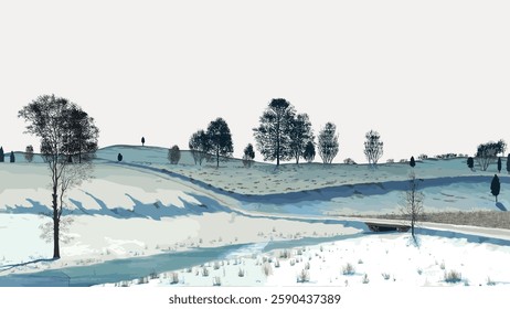 Illustration of a serene winter landscape with snow-covered hills and sparse trees. The winter scene captures the calm and beauty of a snowy landscape. Vintage art painting vector.