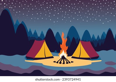 Illustration of a serene winter night at a campsite, featuring minimalist tents surrounding a glowing campfire. The cool color palette enhances the enchanting ambiance, offering a minimal yet captivat